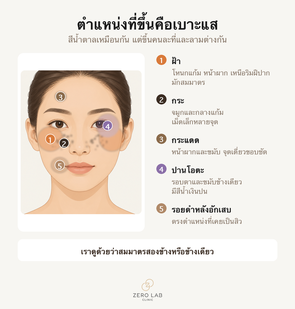 แผนผังตำแหน่งที่เม็ดสีบนใบหน้ามักเกิด