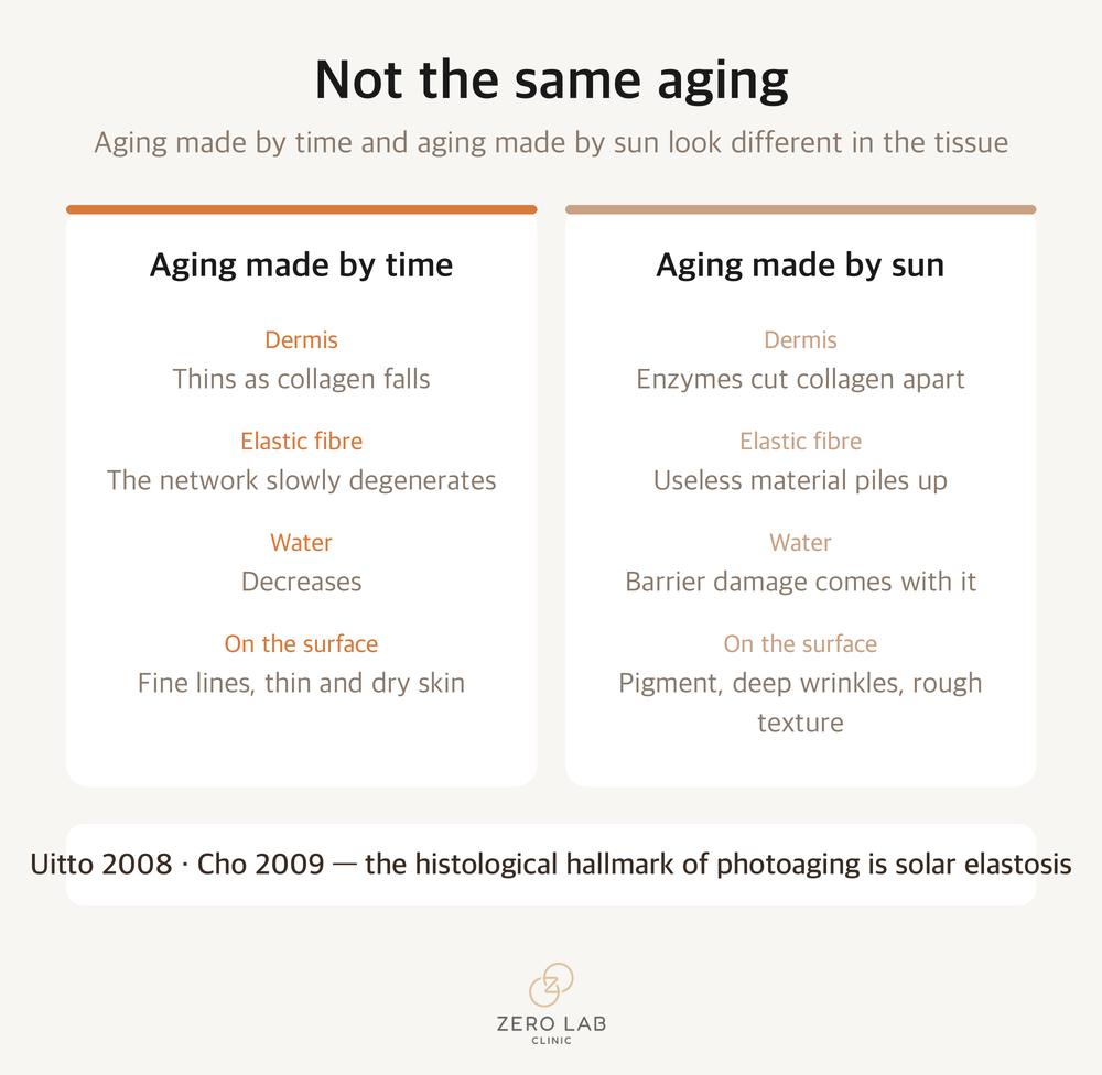 Aging made by time compared with aging made by sunlight