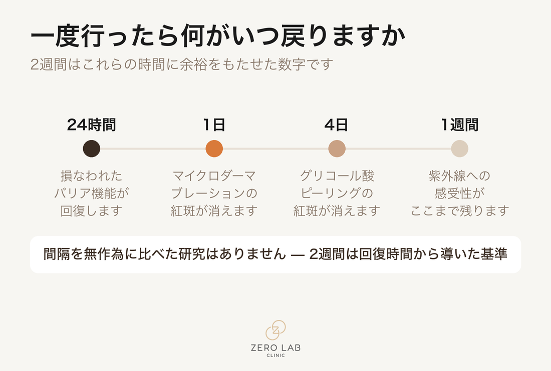 バリアの回復24時間と紅斑の消失1〜4日、そして紫外線への感受性1週間を置いたタイムライン