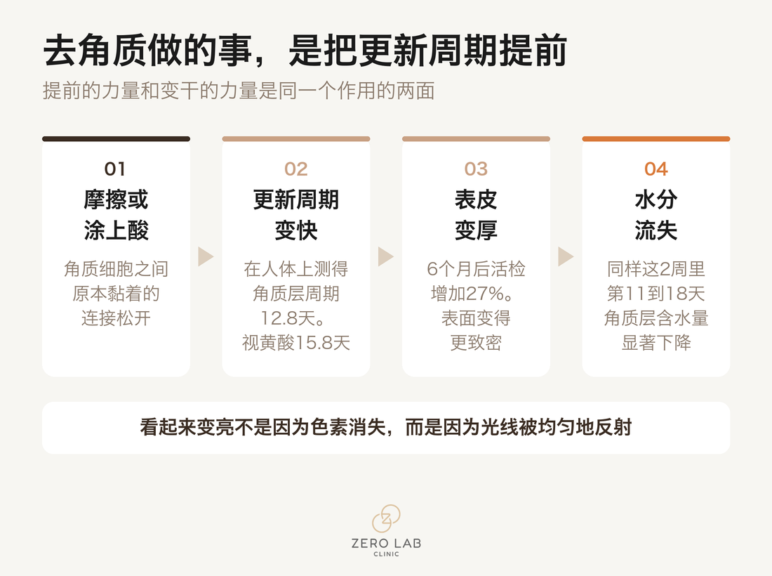 展示去角质对角质层和表皮分别产生不同方向作用的流程图