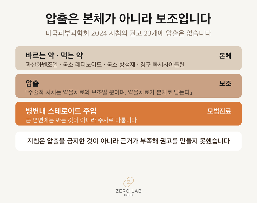 약물치료가 본체이고 압출은 그 위에 얹는 보조라는 관계를 보여주는 비교
