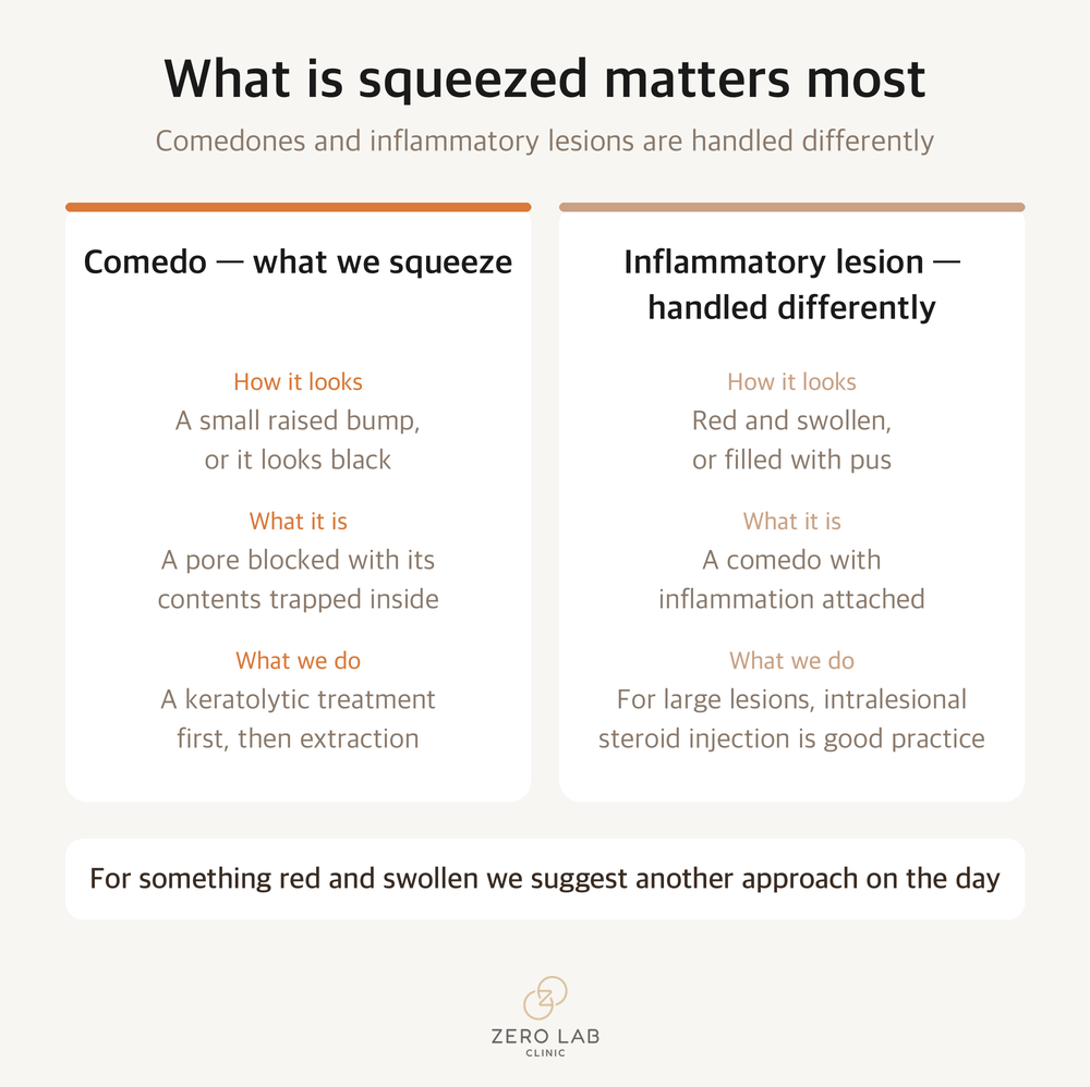 Comparison card placing comedones and inflammatory lesions side by side and separating how each is handled