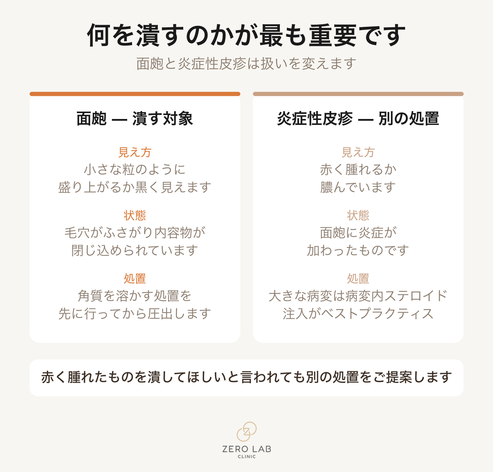 面皰と炎症性皮疹を並べ、それぞれどう扱うかを分けた比較カード
