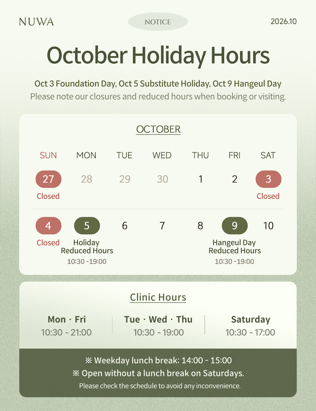 October Clinic Schedule